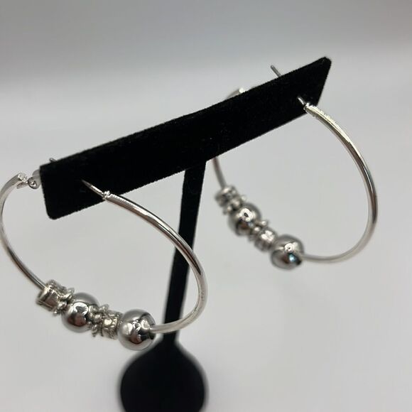 Silver-tone Shiny 6 Beads 2” Hoop Earrings - Picture 4 of 13